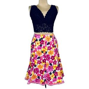 Vtg Floral Skirt Pink Orange Yellow Ribbon Hem Cotton Blend Size 10 MDL New York